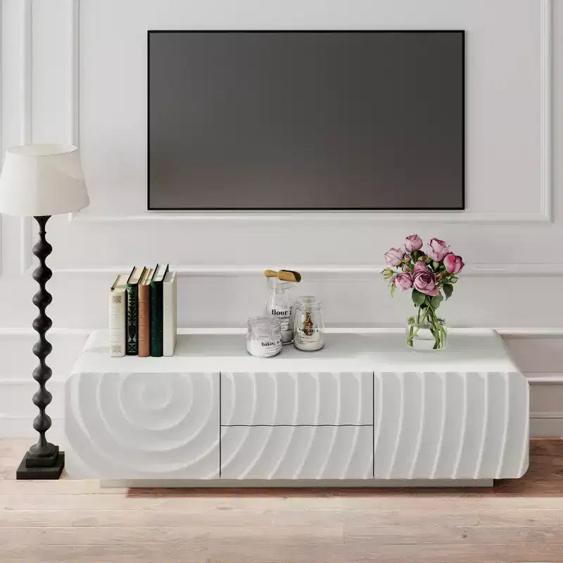Meuble TV de 58 po avec armoire de rangement, meuble de divertissement TV au design en spirale avec 2 tiroirs