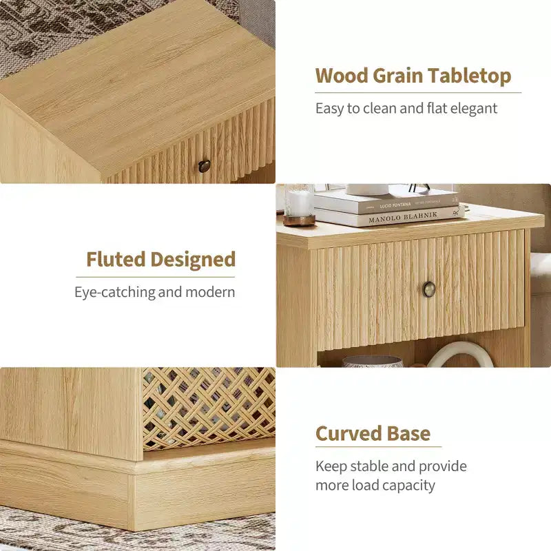 Table de chevet cannelée moderne du milieu du siècle avec tiroir - Table de chevet peu encombrante avec rangement, idéale pour la chambre ou le salon