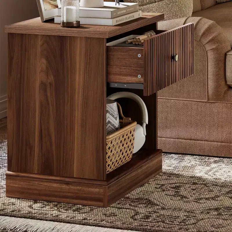 Mid Century Modern Fluted Bedside Table with Drawer  Space-Saving Bedside Table with Storage, Ideal for Bedroom or Living Room