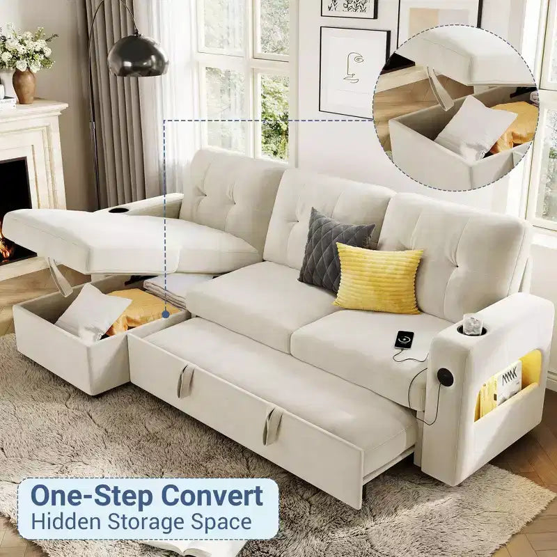 Canapé-lit d'angle réversible en velours 84 po – Canapé sectionnel convertible avec rangement, station de recharge et lumières DEL pour salon