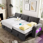 Canapé-lit d'angle réversible en velours 84 po – Canapé sectionnel convertible avec rangement, station de recharge et lumières DEL pour salon