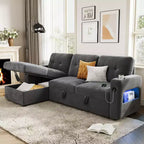 84 Velvet L-Shaped Sleeper Sofa Bed - Convertible Pull Out Sectional Couch with Storage, Charging Station & LED Lights for Living Room