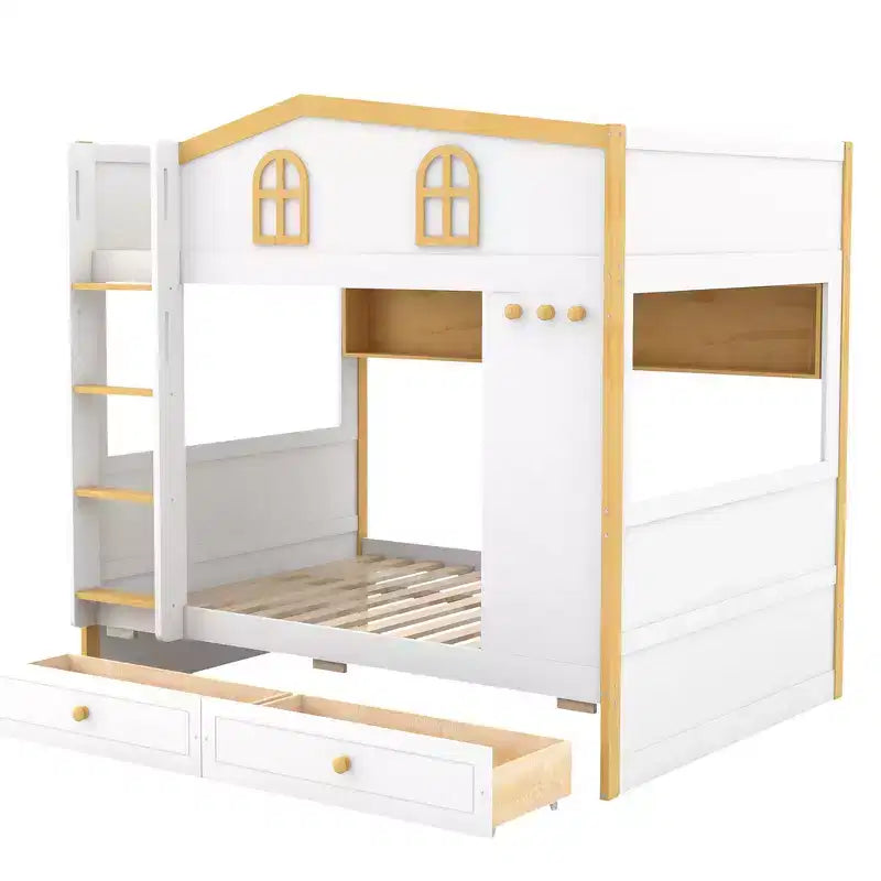 Lit superposé Whisen avec balustrades en forme de maison et étagères de rangement et tiroirs ou lit gigogne