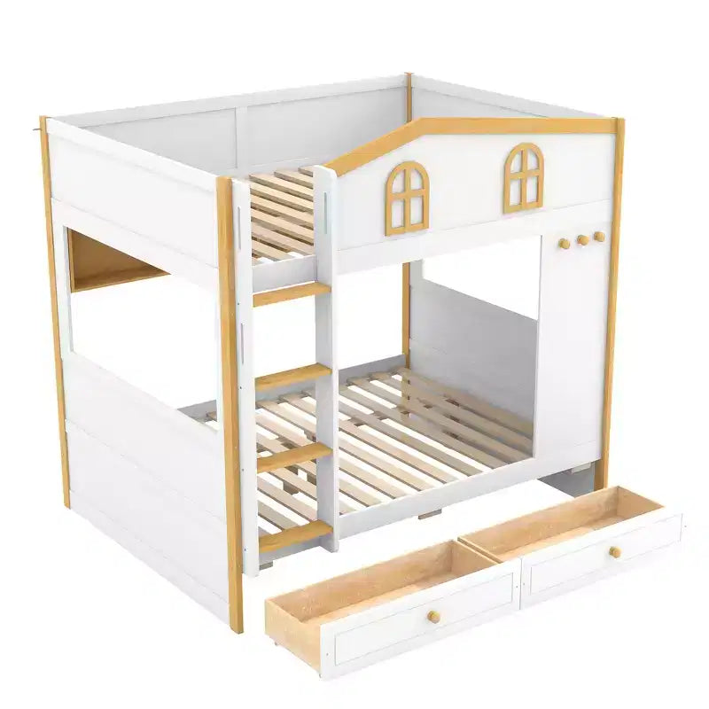 Lit superposé Whisen avec balustrades en forme de maison et étagères de rangement et tiroirs ou lit gigogne