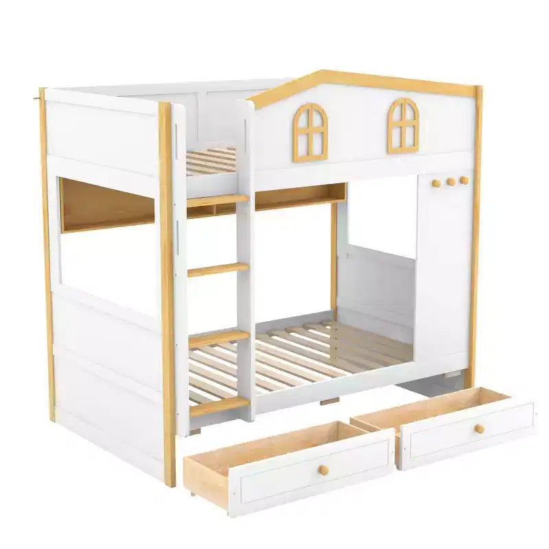Lit superposé Whisen avec balustrades en forme de maison et étagères de rangement et tiroirs ou lit gigogne