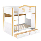 Lit superposé Whisen avec balustrades en forme de maison et étagères de rangement et tiroirs ou lit gigogne