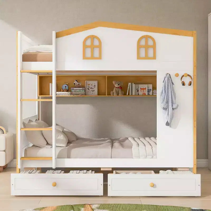 Lit superposé Whisen avec balustrades en forme de maison et étagères de rangement et tiroirs ou lit gigogne