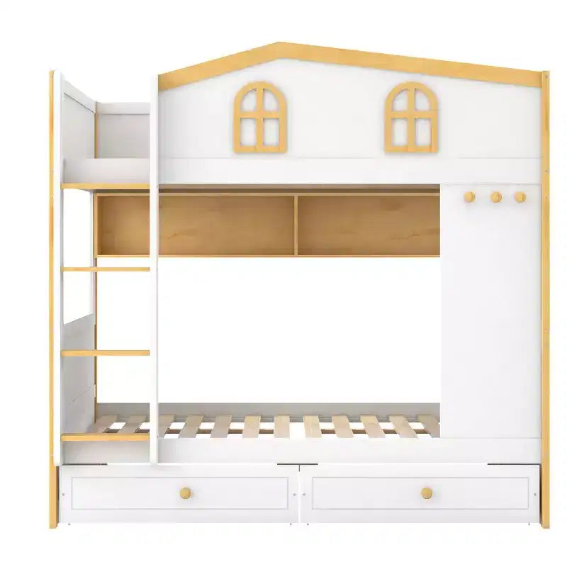 Lit superposé Whisen avec balustrades en forme de maison et étagères de rangement et tiroirs ou lit gigogne
