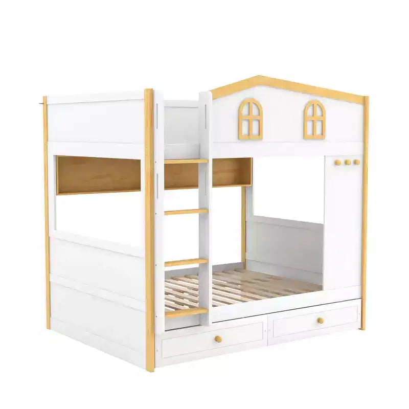 Lit superposé Whisen avec balustrades en forme de maison et étagères de rangement et tiroirs ou lit gigogne