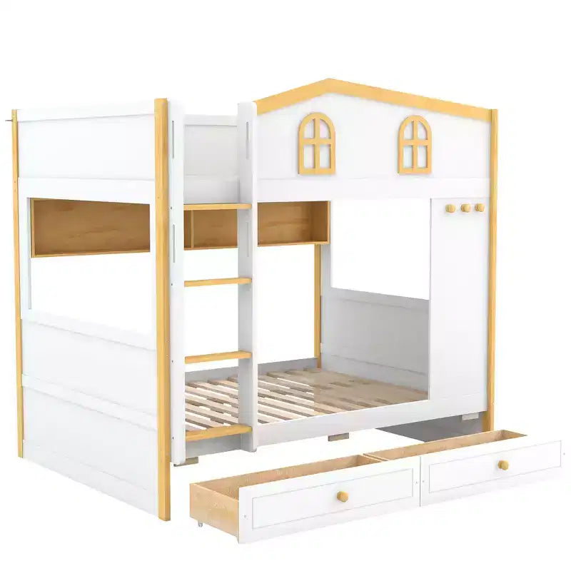 Lit superposé Whisen avec balustrades en forme de maison et étagères de rangement et tiroirs ou lit gigogne