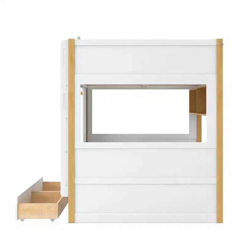 Lit superposé Whisen avec balustrades en forme de maison et étagères de rangement et tiroirs ou lit gigogne