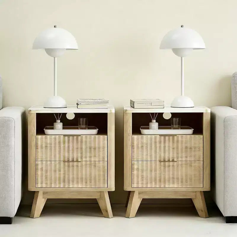 Table de chevet moderne compacte de 45 cm avec plateau en faux marbre, table d'appoint à bords incurvés avec 2 tiroirs et rangement ouvert pour chambre ou salon