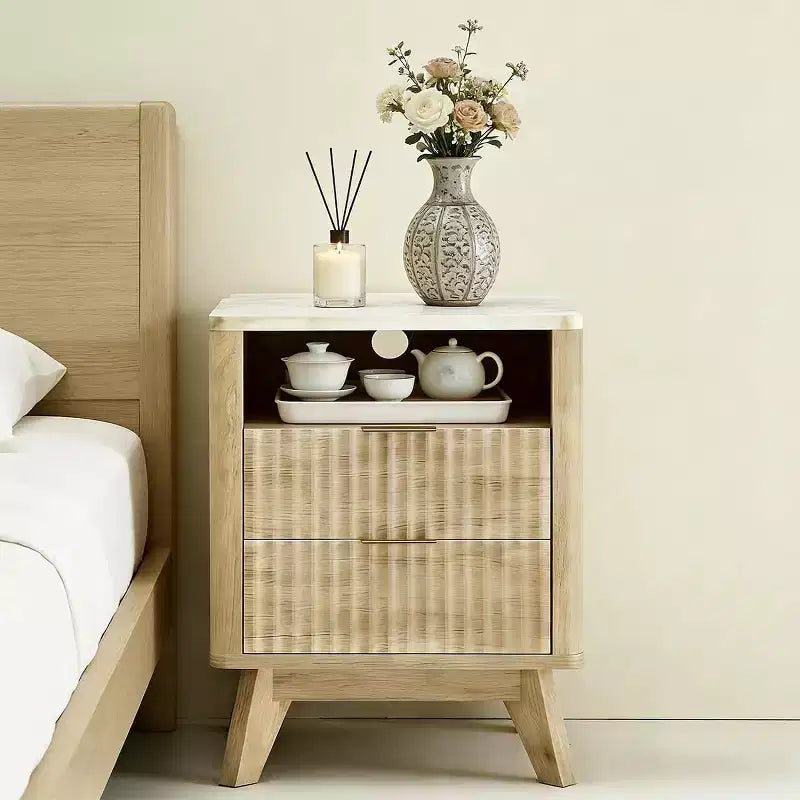 Table de chevet moderne compacte de 45 cm avec plateau en faux marbre, table d'appoint à bords incurvés avec 2 tiroirs et rangement ouvert pour chambre ou salon