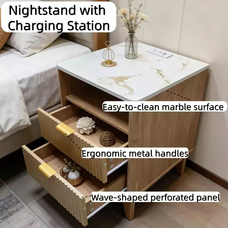Table de chevet moderne compacte de 45 cm avec plateau en faux marbre, table d'appoint à bords incurvés avec 2 tiroirs et rangement ouvert pour chambre ou salon