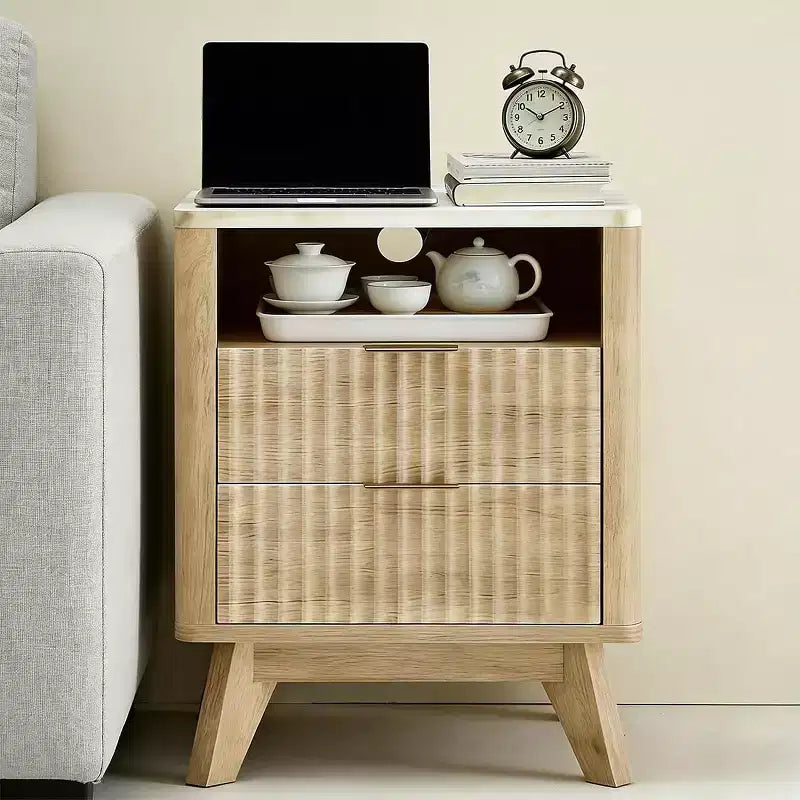 Table de chevet moderne compacte de 45 cm avec plateau en faux marbre, table d'appoint à bords incurvés avec 2 tiroirs et rangement ouvert pour chambre ou salon