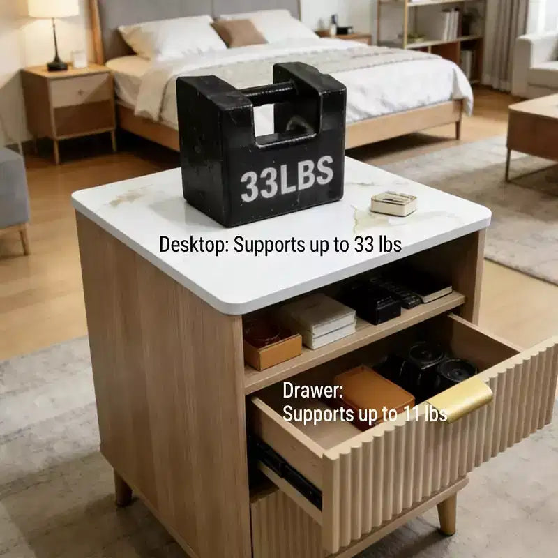 Table de chevet moderne compacte de 45 cm avec plateau en faux marbre, table d'appoint à bords incurvés avec 2 tiroirs et rangement ouvert pour chambre ou salon