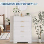 Commode haute à 5 tiroirs, commode moderne en bois avec glissières fluides et poignées métalliques dorées, armoire de rangement de 80 cm pour chambre à coucher, salon, entrée