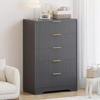 Commode haute à 5 tiroirs, commode moderne en bois avec glissières fluides et poignées métalliques dorées, armoire de rangement de 80 cm pour chambre à coucher, salon, entrée