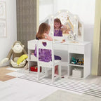 Coiffeuse pour enfants avec lumières, coiffeuse de princesse avec meuble de rangement, miroir triptyque détachable à éclairage tactile, coiffeuse 2 en 1, blanc
