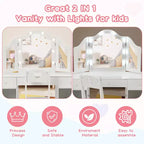 Coiffeuse pour enfants avec lumières, coiffeuse de princesse avec meuble de rangement, miroir triptyque détachable à éclairage tactile, coiffeuse 2 en 1, blanc