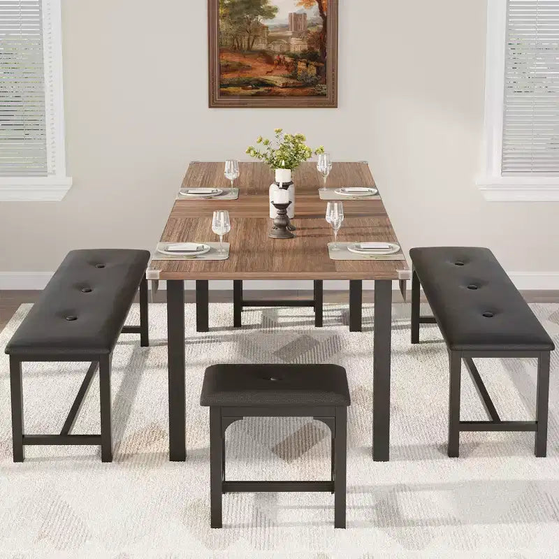 Ensemble de salle à manger extensible peu encombrant pour 4 à 8 personnes, table multifonctionnelle de 160 cm avec bancs et tabourets, imperméable, anti-marques, style moderne du milieu du siècle