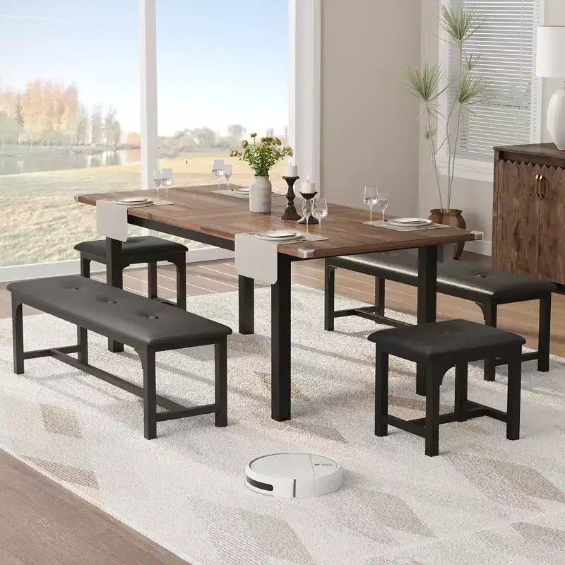 Ensemble de salle à manger extensible peu encombrant pour 4 à 8 personnes, table multifonctionnelle de 160 cm avec bancs et tabourets, imperméable, anti-marques, style moderne du milieu du siècle