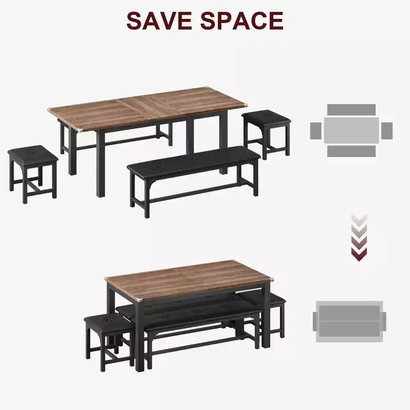 Ensemble de salle à manger extensible peu encombrant pour 4 à 8 personnes, table multifonctionnelle de 160 cm avec bancs et tabourets, imperméable, anti-marques, style moderne du milieu du siècle