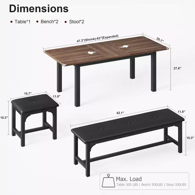 Ensemble de salle à manger extensible peu encombrant pour 4 à 8 personnes, table multifonctionnelle de 160 cm avec bancs et tabourets, imperméable, anti-marques, style moderne du milieu du siècle