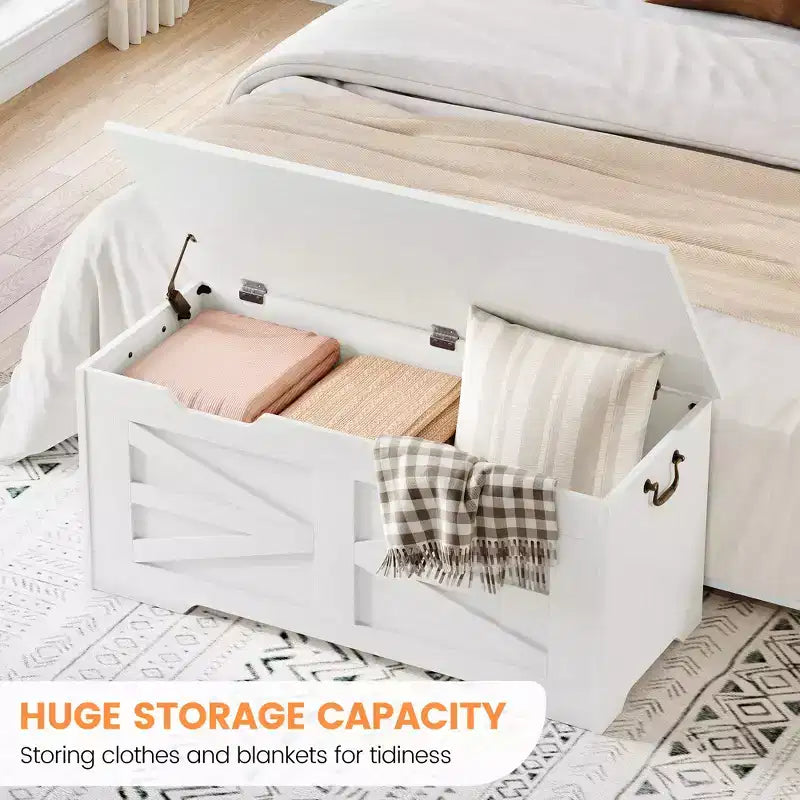 Banc de rangement polyvalent en bois avec couvercle à charnière de sécurité – Coffre de style ferme et organisateur de jouets pour entrée, salon, chambre à coucher