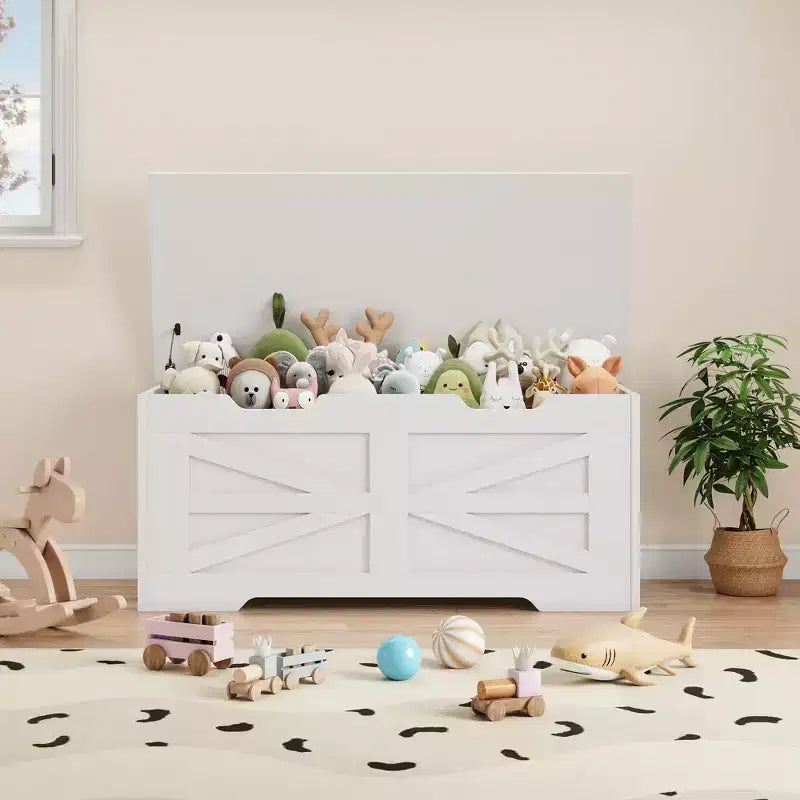 Banc de rangement polyvalent en bois avec couvercle à charnière de sécurité – Coffre de style ferme et organisateur de jouets pour entrée, salon, chambre à coucher