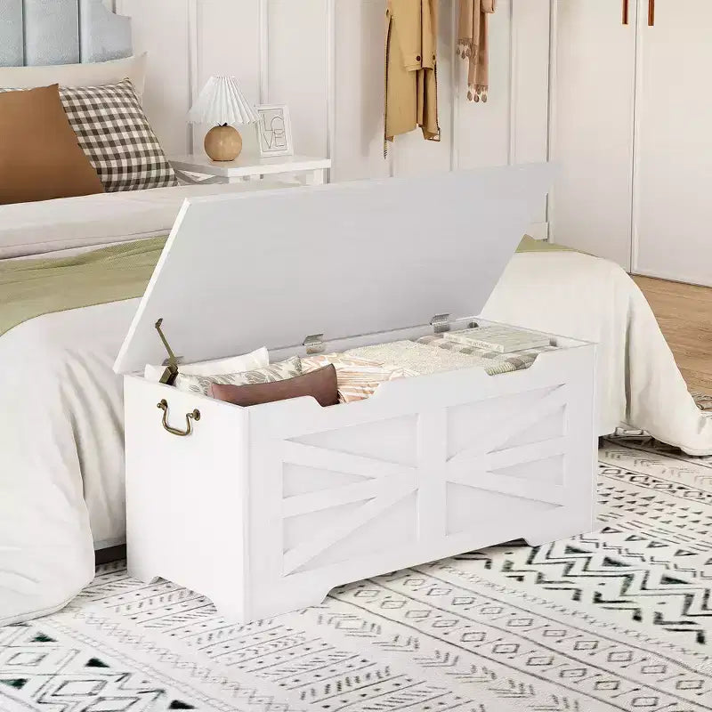 Banc de rangement polyvalent en bois avec couvercle à charnière de sécurité – Coffre de style ferme et organisateur de jouets pour entrée, salon, chambre à coucher