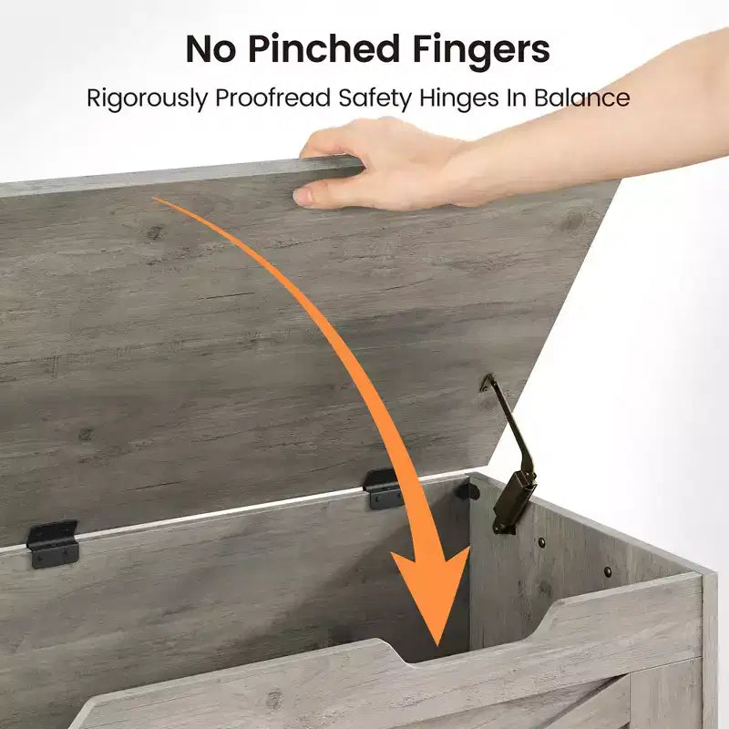 Banc de rangement polyvalent en bois avec couvercle à charnière de sécurité – Coffre de style ferme et organisateur de jouets pour entrée, salon, chambre à coucher
