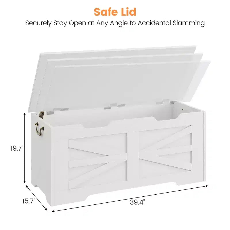 Banc de rangement polyvalent en bois avec couvercle à charnière de sécurité – Coffre de style ferme et organisateur de jouets pour entrée, salon, chambre à coucher