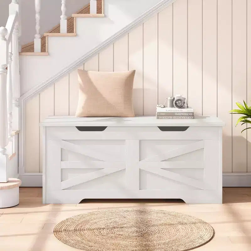 Banc de rangement polyvalent en bois avec couvercle à charnière de sécurité – Coffre de style ferme et organisateur de jouets pour entrée, salon, chambre à coucher