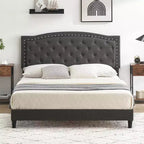 Queen Size Platform Bed Frame, Queen Upholstered Bed Frame with Adjustable Headboard, Heavy-Duty Slats Support, No Box Spring Needed, Gray