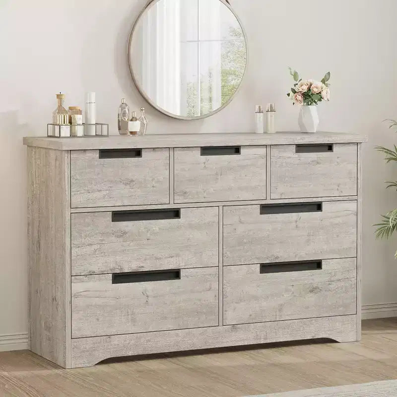COZONY Commode à 7 tiroirs de 118,9 cm de large, en chêne naturel, avec poignées intégrées