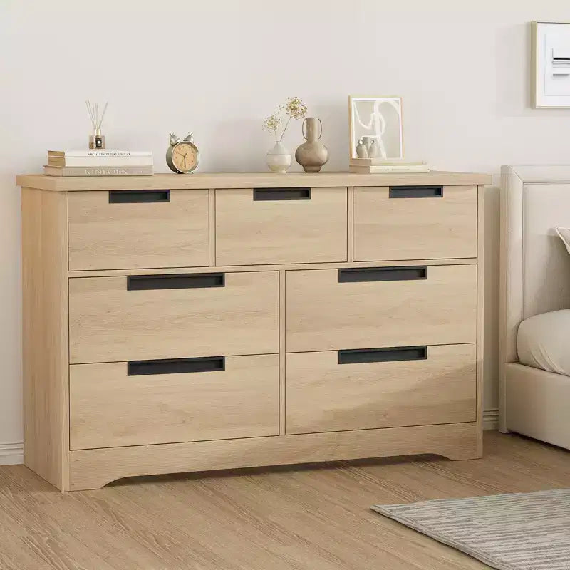COZONY Commode à 7 tiroirs de 118,9 cm de large, en chêne naturel, avec poignées intégrées