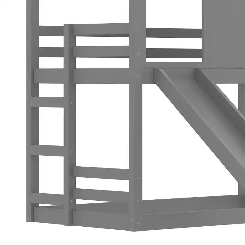 Lit superposé cabane jumeau sur jumeau avec toboggan et étagères de rangement, cadre de lit superposé en bois avec fenêtre pour enfants