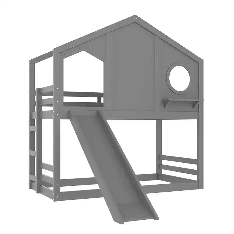 Lit superposé cabane jumeau sur jumeau avec toboggan et étagères de rangement, cadre de lit superposé en bois avec fenêtre pour enfants