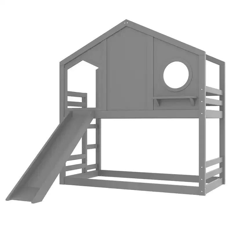 Lit superposé cabane jumeau sur jumeau avec toboggan et étagères de rangement, cadre de lit superposé en bois avec fenêtre pour enfants