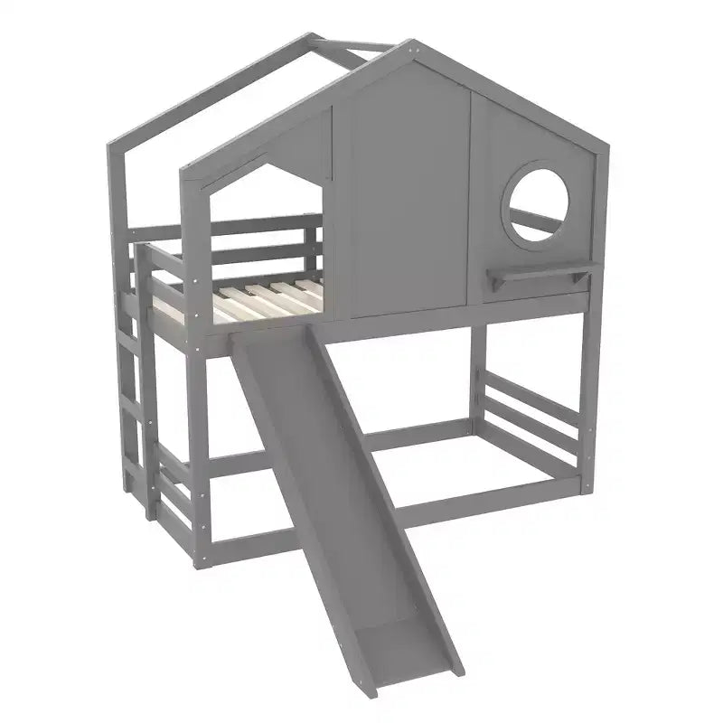 Lit superposé cabane jumeau sur jumeau avec toboggan et étagères de rangement, cadre de lit superposé en bois avec fenêtre pour enfants