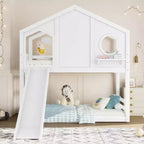 Lit superposé cabane jumeau sur jumeau avec toboggan et étagères de rangement, cadre de lit superposé en bois avec fenêtre pour enfants
