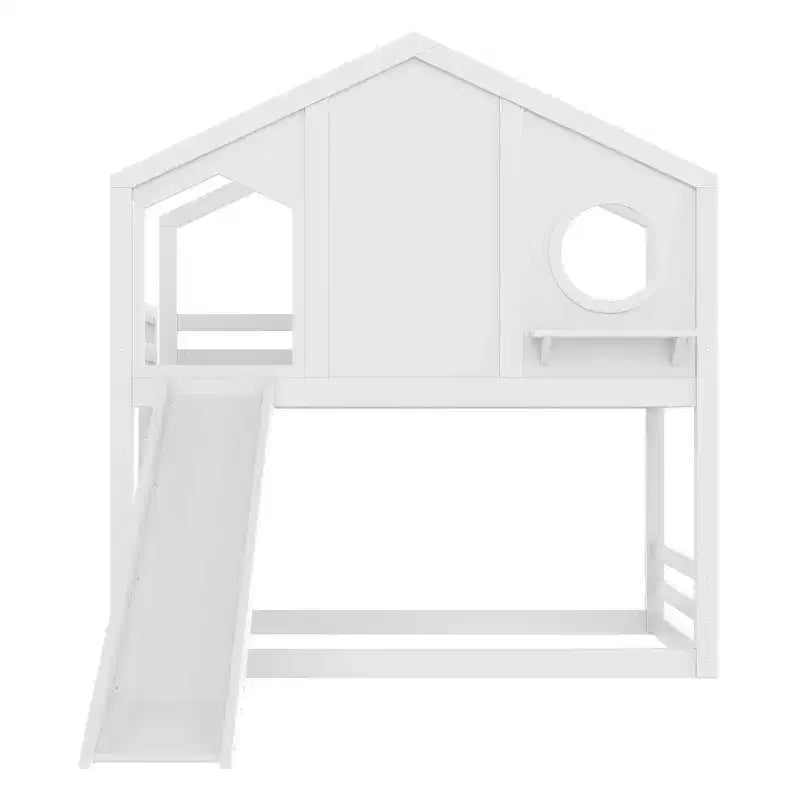 Lit superposé cabane jumeau sur jumeau avec toboggan et étagères de rangement, cadre de lit superposé en bois avec fenêtre pour enfants