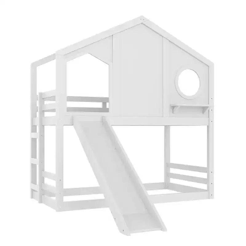 Lit superposé cabane jumeau sur jumeau avec toboggan et étagères de rangement, cadre de lit superposé en bois avec fenêtre pour enfants