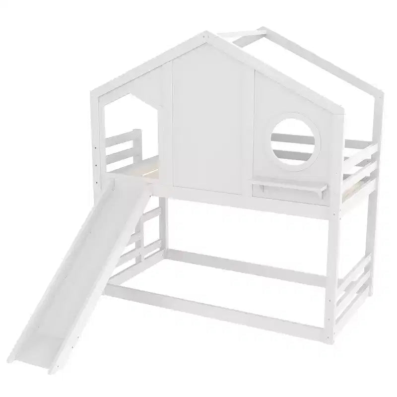 Lit superposé cabane jumeau sur jumeau avec toboggan et étagères de rangement, cadre de lit superposé en bois avec fenêtre pour enfants