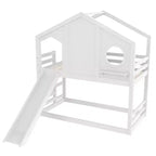 Lit superposé cabane jumeau sur jumeau avec toboggan et étagères de rangement, cadre de lit superposé en bois avec fenêtre pour enfants