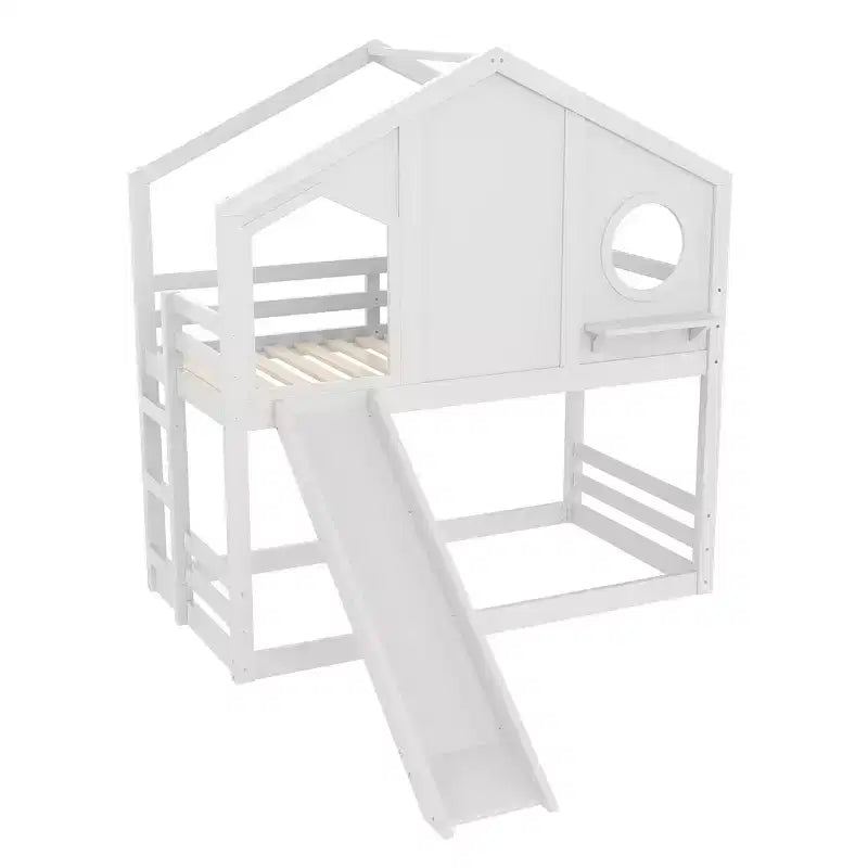 Lit superposé cabane jumeau sur jumeau avec toboggan et étagères de rangement, cadre de lit superposé en bois avec fenêtre pour enfants