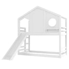 Lit superposé cabane jumeau sur jumeau avec toboggan et étagères de rangement, cadre de lit superposé en bois avec fenêtre pour enfants