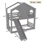 Lit superposé cabane jumeau sur jumeau avec toboggan et étagères de rangement, cadre de lit superposé en bois avec fenêtre pour enfants
