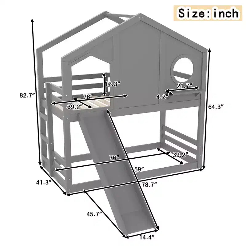 Lit superposé cabane jumeau sur jumeau avec toboggan et étagères de rangement, cadre de lit superposé en bois avec fenêtre pour enfants